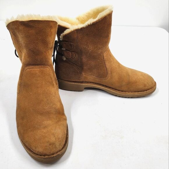 UGG Naiya Chestnut Suede Lace Back Ankle Boots Sheepskin Size 11M - Picture 3 of 9